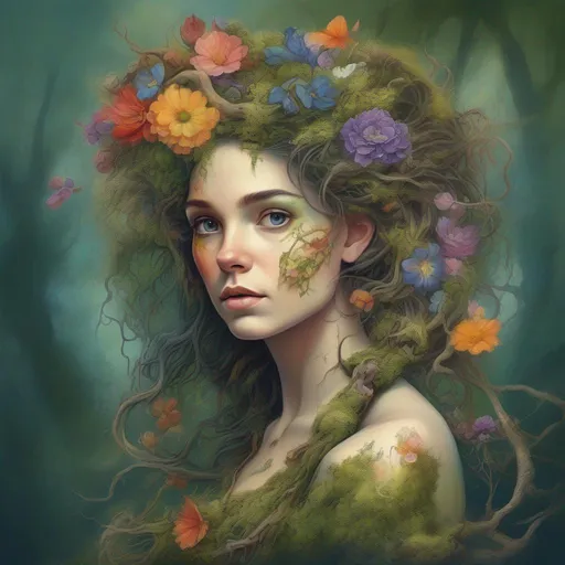 Prompt: A colourful and beautiful Persephone, a forest nymph, with tree bark for skin, branches growing out of her head as hair, moss, plants and flowers growing on her, and flowers and moss for a dress on her in a painted style