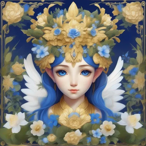 Prompt: Guardian, with golden flowers and blue flowers and blue-white flowers and green leaves, best quality, masterpiece, in cartoon style