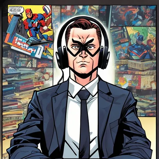 Prompt: A comic book cover of a superhero like a business man wearing headphones