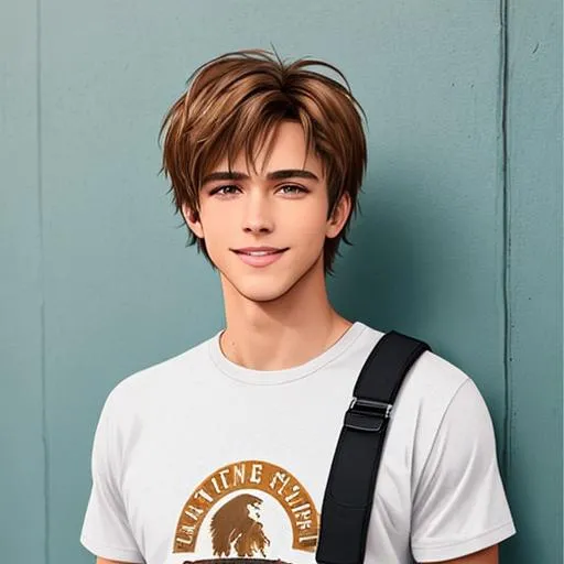 Prompt: A charismatic character with light brown hair, warm hazel eyes, and a friendly smile that lights up his face. He has an athletic build and a confident presence that draws people in. His casual style reflects his laid-back nature, often seen in comfortable jeans and graphic tees