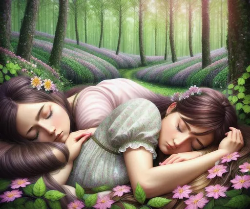 Prompt: {{{Hyper detailed, hyper realistic}}}, sleepy woman, forest, trees, vines and flowers, flowers, vines, lady, sleepy lady, sleepy girl, sleepy girl, female, sleepy female, Fairys, {{{farys around a sleepy woman}}}