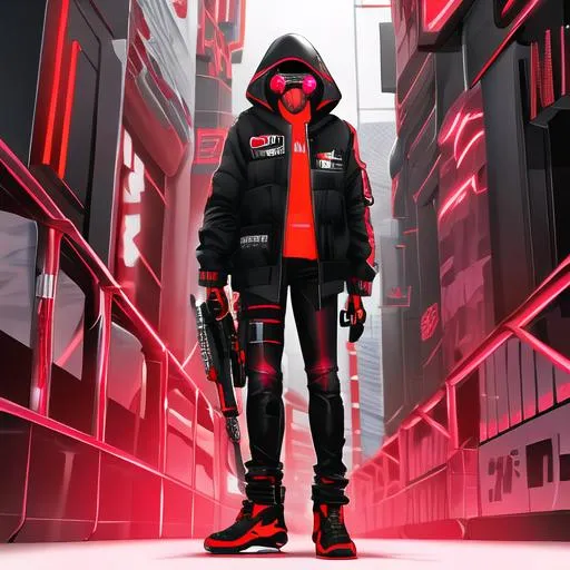 Prompt: Male character, black but red neon gas mask, cyber netrunner hood (black but neon red), neon red Sword In its Back, Red Mecha Cyber Jacket, black jeans, red shoes