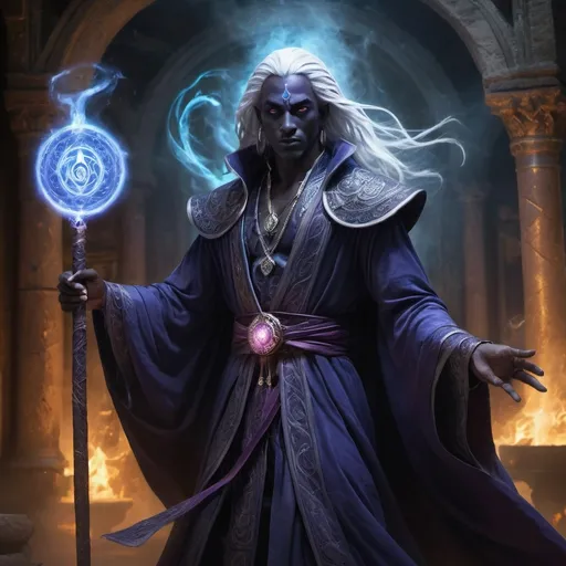 Prompt: (drow archmage male), dramatic spellcasting pose, intricate (robe) flowing with magical glyphs, ornate (staff) glowing with energy, enchanting ritual circle glowing beneath, mystic aura surrounding, dark ambient atmosphere, (highly detailed), deep shadows contrasted with vibrant magic light, ancient ruins in background, ethereal mist swirling, captivating and powerful vibes, ultra-detailed, (fantasy masterpiece), rich colors, intricate details.