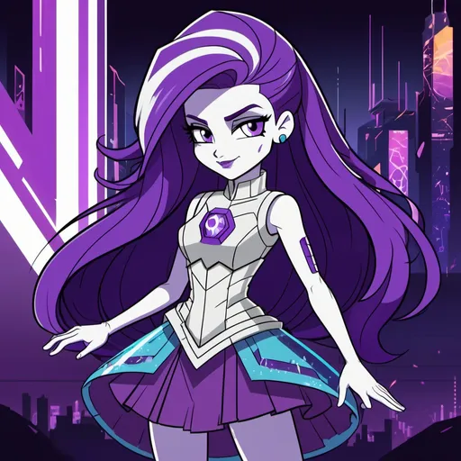 Prompt: Cyberpunk Equestria girls rarity wearing a battle gown