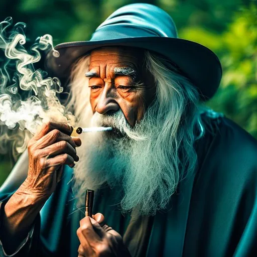 Prompt: A old human wizard smoking weed