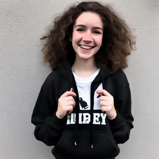 Prompt: a medium sized happy girl in her early twenties with brunette  curly hair, wearing a black hoodie, pale skin 