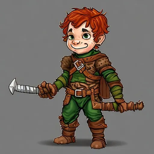 Prompt: A halfling ginger rogue. He is werry slim and aj acrobat. He likes to make fun od people.