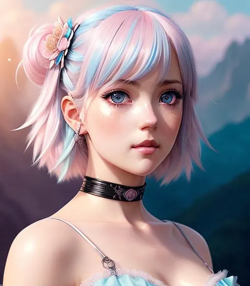 Prompt: cute young woman with fringed pale pink hair and light blue eyes | symmetrical face, accurate anatomy, sharp focus, ultra-fine details, cinematic lighting, 4k | anime illustration, digital painting, scenic, wlop, artgerm, vastly ornate detailed background, vibrant colors, kawaii