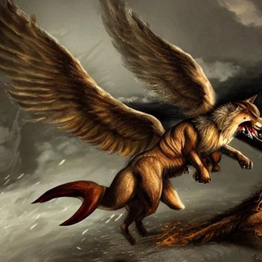Prompt: a winged angle wolf fighting a winged demon wolf