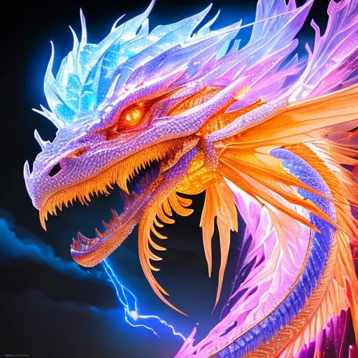 Prompt: an intricate ombre lightning-ice fire-breathig dragon, captivating, ambient lighting, dynamic lighting, atmospheric lighting, smoothly designed, intricate, vivid, highly detailed, bright eyes, intense, highly detailed face, highly detailed bodies, enticing, detailed body art, erect, hyper realistic, majestic, exciting. full body art