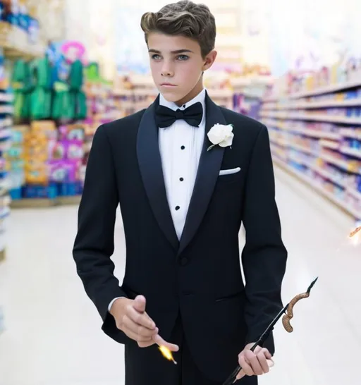 Prompt: Attractive teenage Boy in a tuxedo wavering a magic wand and casting sparkly magic spell in a store with it