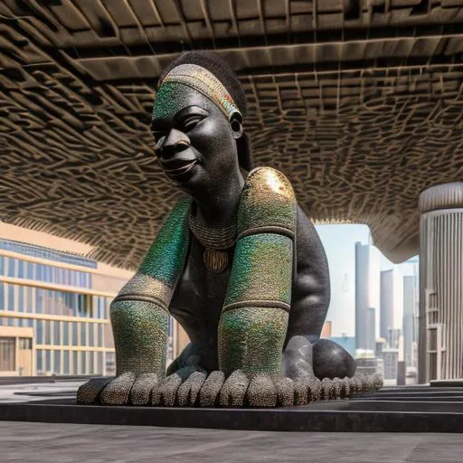 Prompt: Modernised precolonial congolese sculpture incorporated into a modern city using rare Congolese minerals volumetric natural light, ultra realistic, vray, far view, perspective landscape