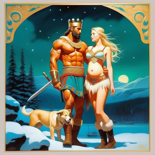 Prompt: King Leonidas impregnating Saami girl, pale skin, blonde hair, teal eyes, Stockholm at night, cold atmosphere, cartoony style, extremely detailed painting by Greg Rutkowski and by Henry Justice Ford and by Steve Henderson 

