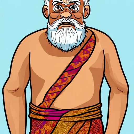 Prompt: funny looking old man, long white  beard, bold head, upper body doesn't have a dress and lover body wears an Sri Lankan sarong, funny looking face, 2D cartoon image
