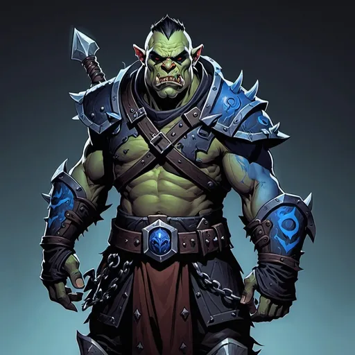 Prompt: dungeons and dragons standing orc cultist warrior in a black armor with blue trim 