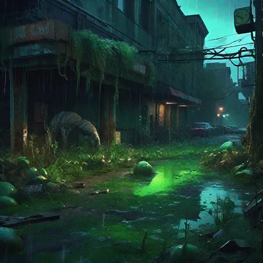 Prompt: post-apocalyptic cityscape, zoo, the last of us style, bioluminescent green mutated fungi spreading like an infection on the land, trending on Artstation, overgrown, raining, flooded streets, sinkholes, exposed underground, hypermaximalist, highly detailed, digital painting, twilight, stormy background, cinematic style, perfect composition, aspect ratio 3:2, full shot, dramatic lighting, reflections