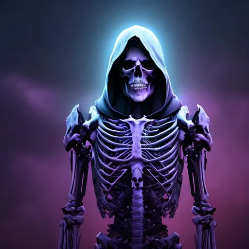 Prompt: Necromancer half human half skeleton, Black cloak hoodie, Purple and blue light sky, Very detailet,8K, Detail,