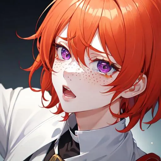 Prompt: Erikku male adult (short ginger hair, freckles, right eye blue left eye purple) UHD, 8K, Highly detailed, insane detail, best quality, high quality,  anime style, in purgatory, yelling, crying out for help