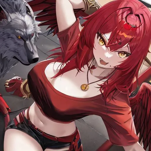 Prompt: warrior girl with red hair and yellow eyes and with a necklace of wolf fangs and wings