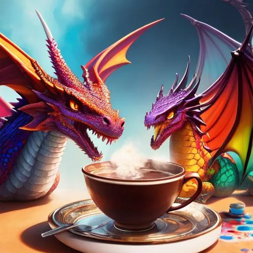 Prompt: Colorful dragons drinking hot chocolate, and a cute face, perfect composition, hyperrealistic, super detailed, 8k, high quality, trending art, trending on artstation, sharp focus, studio photo, intricate details, highly detailed, by greg rutkowski, illustration, watercolor