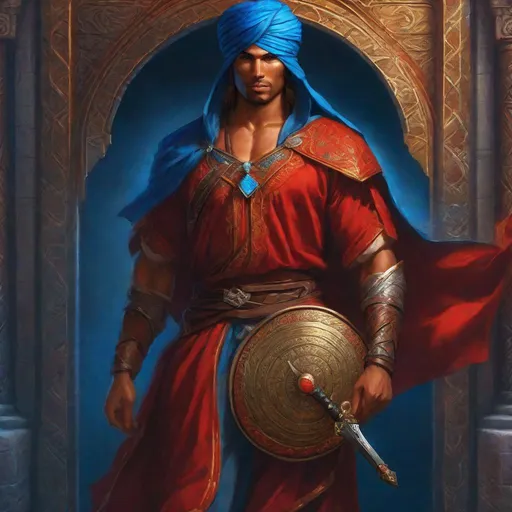 Prompt: temple cleric, healer, masculine, beautiful, handsome, fit, male body, with a red vest and a blue turban covering his head. He holds a curved sword and a shield. intricate, highly detailed, digital painting, extremely detailed. 1993 video game cover, rpg concept art, Magic the gathering, dark fantasy art. 