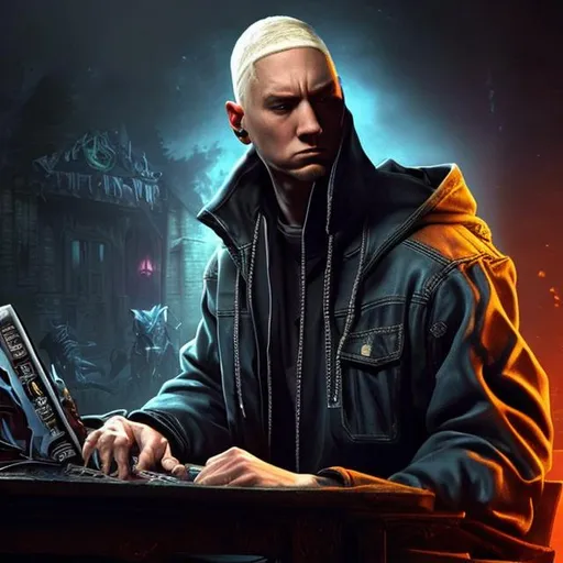 Prompt: Eminem, sitting at his desk, playing the online game known as World of Warcraft