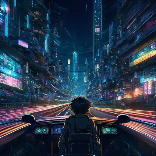 Prompt: anime cyberpunk on a open highway, highly detailed, HD, dark background, hayao miyazaki