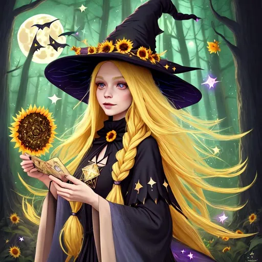 Prompt: witch with long blonde hair, tarot card, wearing witch hat, cute, sunflower, aesthetic, fairycore, disney, pixar, moon, stars, witchcraft, in a starry dark sky, beautiful, walking in a forest, sweet, dreamy, rpg, award winning illustration, artstation, highres, realistic, glittering, colorful, vibrant, detailed