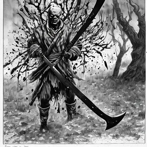 Prompt:  black and white picture of a red man holding a red axe leaning against a tree splattered with blood