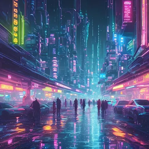 Prompt: Futuristic city full of people pooh heavy rain colorful neon
