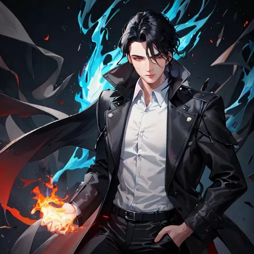 Prompt: full body shot shot of a young {man} right arm on fire, fire vfx surrounding his right forearm, blue fire vfx circling his right hand, smoke surrounding him, moderate length black hair, wearing dark brown trench jacket and white collared shirt with black pants and black boots, handsome face, detailed face, good face, high res, HDR, 8k, fantasy, medieval, steampunk, digital art, high quality, dark fantasy, stable image, high definition, best proportions, league of legends, sharp details, detailed picture, riot games, illustrated, anime, anime art, drawing, sketch, full body shot, popular art, stylized, artstation, by Alex Flores
