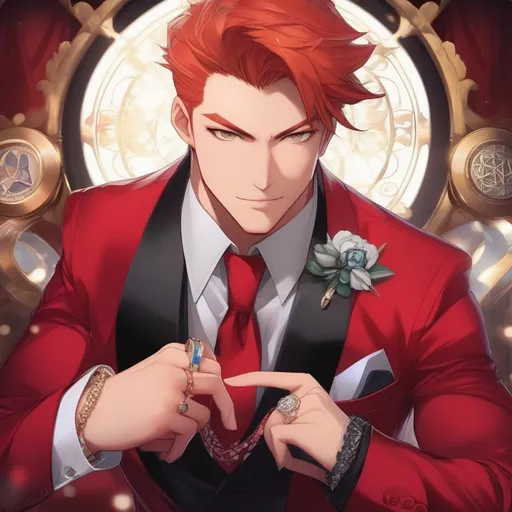 Prompt: Handsome Man,with sharp tipped red hair, wearing a red suit and tie,and his hands are full of different rings
