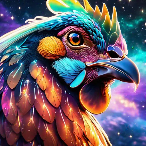 Prompt: headshot of A translucent colorful glass bioluminescent phoenix chicken that is glowing, nebula, glitter, in the clouds, beneath the stars, highres, best quality, concept art