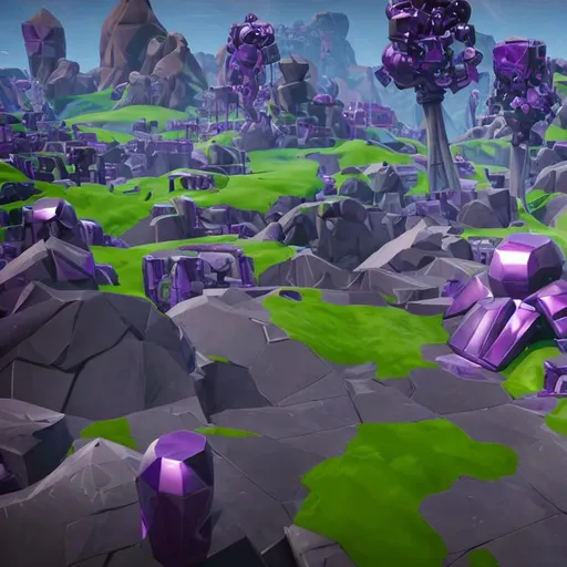 Prompt: shiny purple chrome pentagon pillars covering fortnite map 