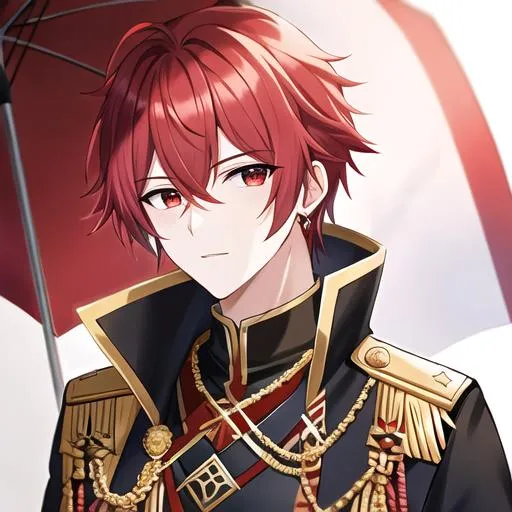 Prompt: Zerif male (Red half-shaved hair covering his right eye) 4k, wearing a royal uniform