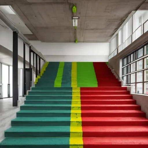A picture of a staircase at a school with the wall painted dark green by the lowest 3 steps the wal