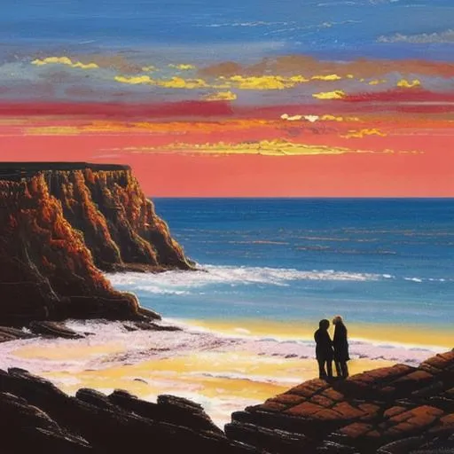 Prompt: Create a painting of a rugged coastline with craggy cliffs, depicting two silhouetted figures, a man and a woman, against a warm and atmospheric sky. Use warm colors such as orange, pink and gold to create a sense of tension and unease, hinting at the darker themes of the TV show. Include a solitary boat in the distance and capture the subtle nuances of the scene