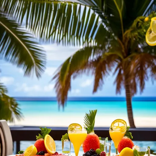 Prompt: "Generate an image of a scene at a tropical beach resort. The table should prominently feature a glass of exceptionally refreshing and sparkling lemon juice made from bright green Tahiti lemons with ice cubes. Include a separate plate with beautifully presented breaded shrimp. Additionally, showcase a glass serving dish filled with a vibrant and inviting tropical fruit salad, all radiating a sense of beauty, shine, and the inviting atmosphere of a beachside summer vacation."
ultra hd, realistic, vivid colors, highly detailed, UHD drawing, pen and ink, perfect composition, beautiful detailed intricate insanely detailed octane render trending on artstation, 8k artistic photography, photorealistic concept art, soft natural volumetric cinematic perfect light