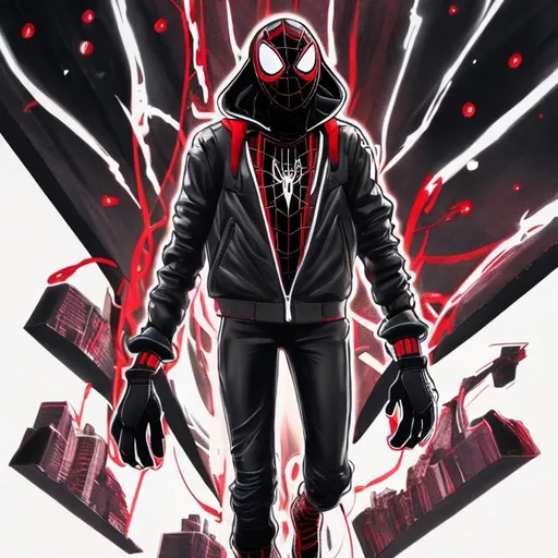 Prompt: Jordan 1's, Miles Morales, Drawn, Full Colour, Black and red suit, wearing a Nike Jacket, No Flaws, No Open space on Suit, winter jacket from Nike,  Gaming Headphones on. full body view.