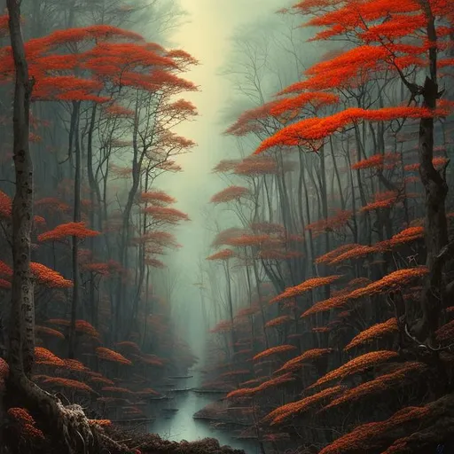 Prompt: Landscape painting, dense and dark deciduous forest, dull colors, danger, fantasy art, by Hiro Isono, by Luigi Spano, by John Stephens
