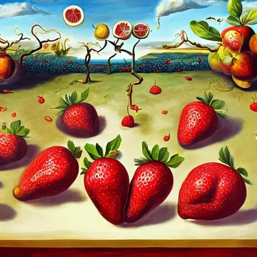 Prompt: a canvas painting of guavas fighting against strawberries in the style of Salvador Dali