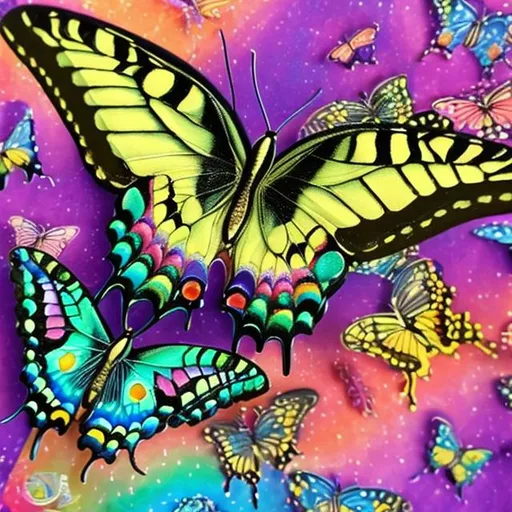 Prompt: Lisa frank style of swallowtail diorama