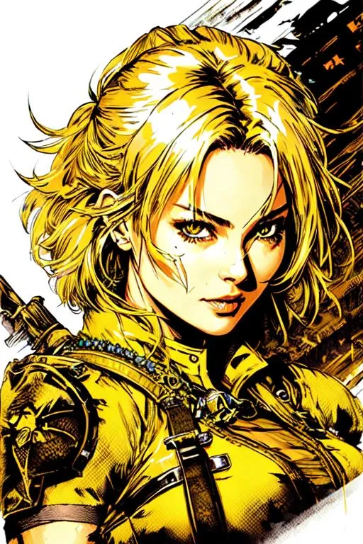 Prompt: (((Yoji Shinkawa))), sticker of ultra detailed portrait of margot robbie as a yellow witch . high quality cell shaded illustration in post apocalyptic style by Yoji Shinkawa, ((full body)), dynamic pose, perfect anatomy, castle setting, centered, freedom, soul, blonde short hair, approach to perfection, cell shading, 4k , cinematic dramatic atmosphere, watercolor painting, global illumination, detailed and intricate environment, artstation, concept art, fluid and sharp focus, volumetric lighting, cinematic lighting, Art by Yoji Shinkawa,