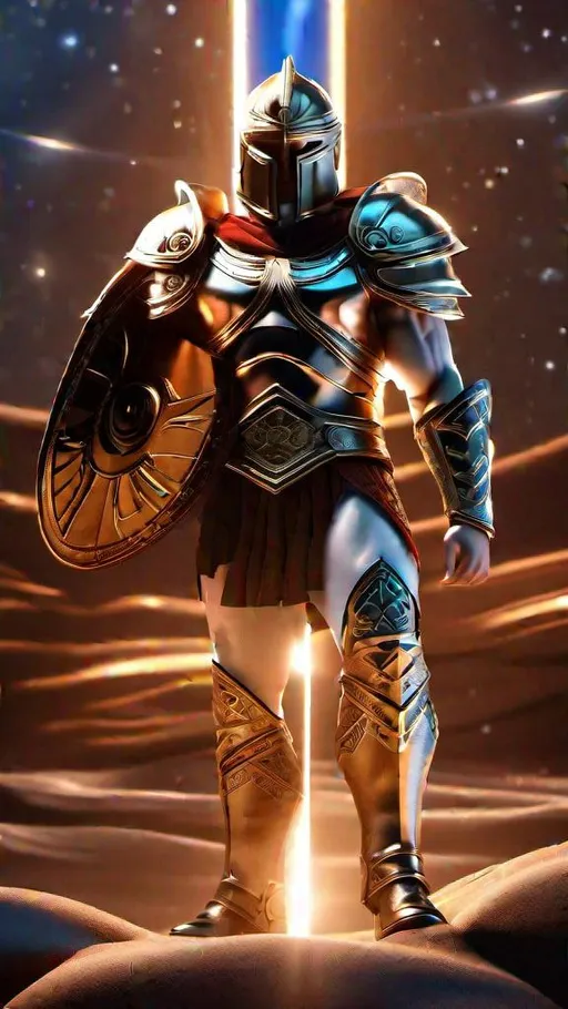 Prompt: Greek God Mars, god of war, in Trojan shining bronze armour, raised broad sword, shield in front of body, breastplate, slim muscular physique, full body length, attacking pose, night lighting, galaxy sky background, high resolution, cinematic,4K