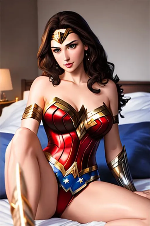 Prompt: oil painting, UHD, hd , 8k, fullbody view , hyper realism,   Gal gadot as wonder woman, Very detailed, zoomed out view, clear visible face, full character in view, female character in a dark room ((nude)), crawling in bed, spreading legs, very busty, brown medium hair