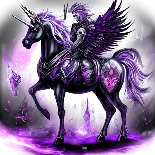 Prompt: Purple and black unicorn with silver hair warrior on its back


