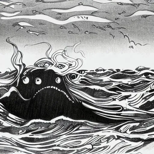 Prompt: make a bizarre sketch drawing of the Umibozu sea monster