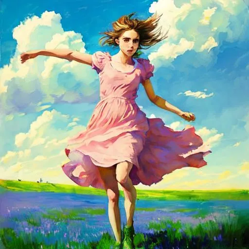 Prompt: Blue skies white clouds green meadow witha girl in pink dress with open arms