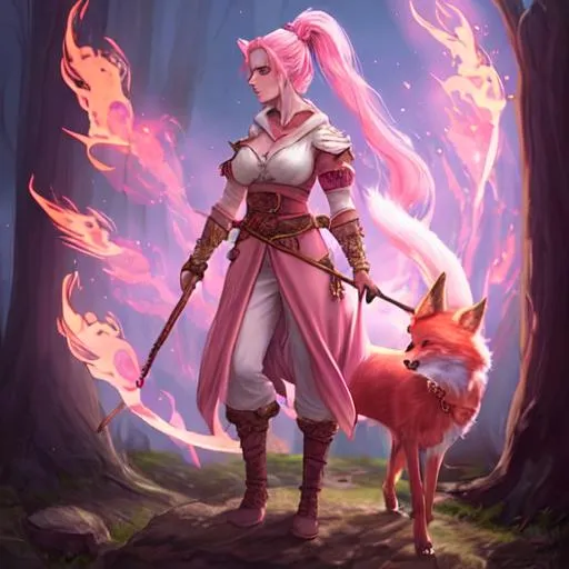 Prompt: Fantasy adventurer, female druid, pale skin, light pink ponytail, fire mage, pink clothing, fox familiar, full body view, cinematic, intricate details