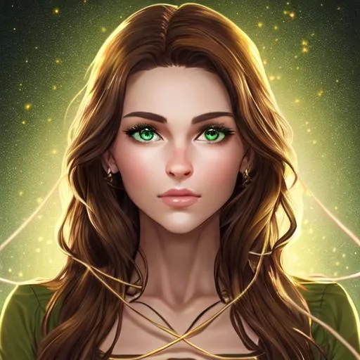 Prompt: High quality woman with photorealistic face and green eyes with brown hair and tan eyes, is the romantic heroine and has a golden glowing string 